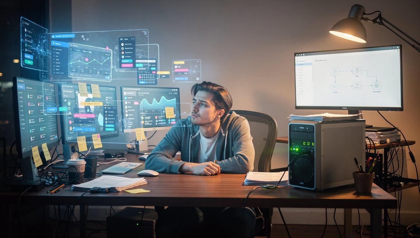 A person surrounded by scattered dashboards and notes, holding the context of past decisions in their head